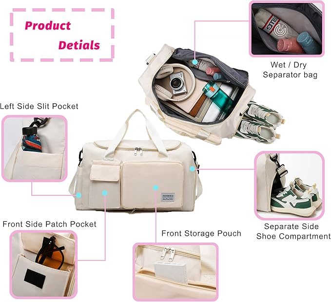 Multipurpose 20L Foldable Duffel Bag Gym Yoga Bag Carry-On Shopping Sack Travel Organizer Cabin Bag Sundry Package Wet&Dry Compartment (Beige)
