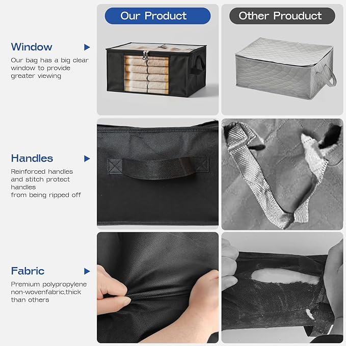Clothes Storage Bags, Foldable Thick Fabric Blanket Storage Bags, Large Clear Window & Carry Handles, Great for Clothes, Blankets, Closets, Pillows, Toys (Black, 4PACK)