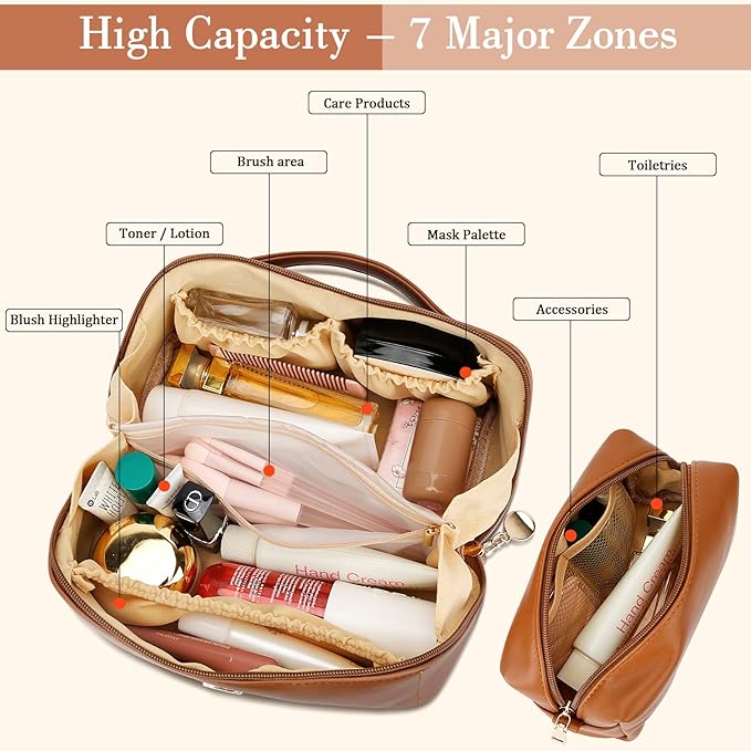 Birthday Gifts for Women Teen Girl, Personalized Initial Makeup Organizer Bag Set, Open Flat Travel Cosmetic Bag With Clear Divider and Handle(Brown,G)