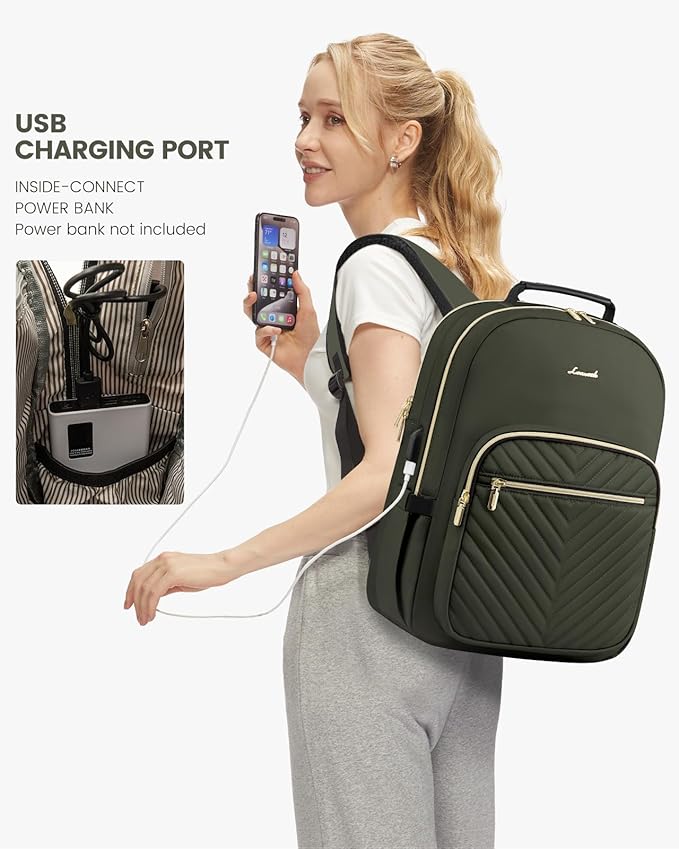 LOVEVOOK Laptop Backpack Purse for Women, Work Business Travel Computer Bags, College Nurse Backpack for Womens, Quilted Casual Daypack with USB Port, Fit 15.6 Inch Laptop, Army Green