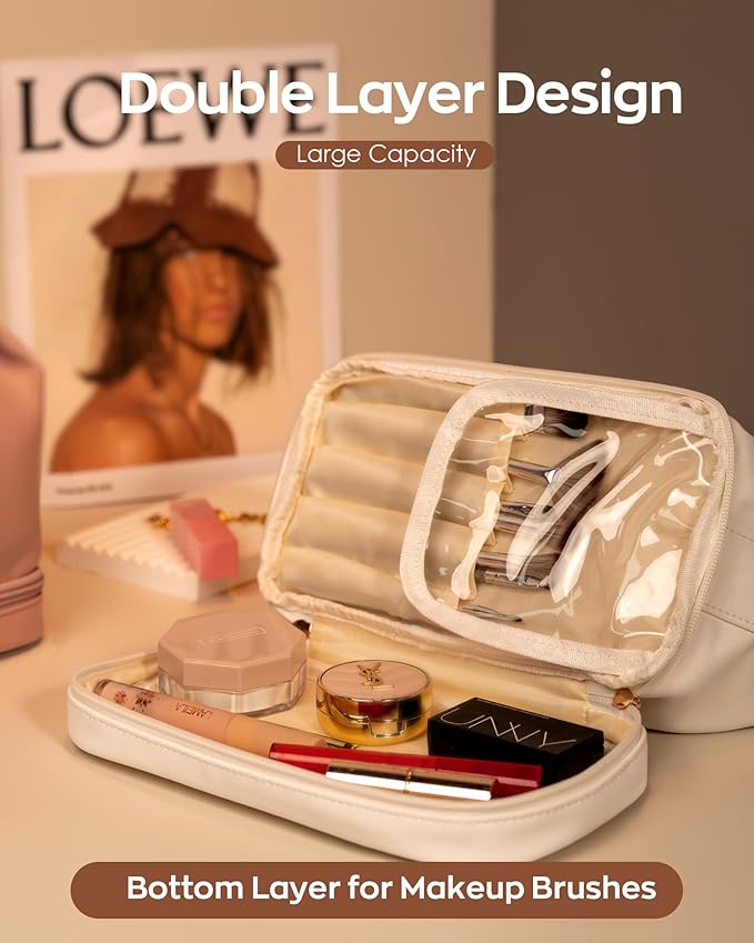 Initial Makeup Bag Personalized Bags with Handle, Waterproof Double Layer Cosmetic Bag, Large Capacity PU Leather Makeup Bags Letter Travel Toiletry Bag with Makeup Brush Organizer