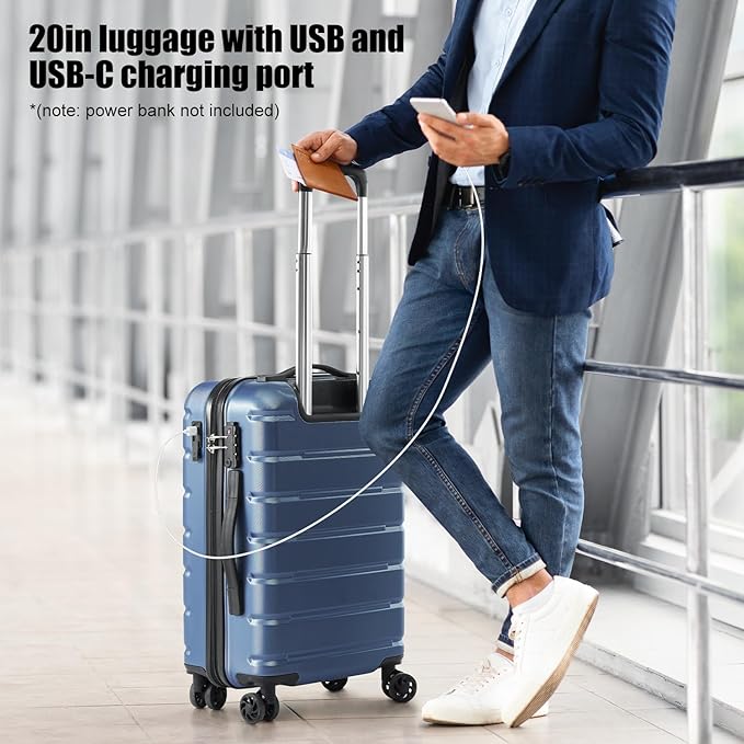 Coolife Luggage Suitcase Carry-on Spinner TSA Lock USB Port Expandable (only 28’’) Lightweight Hardside Luggage (Ice Blue, 3 piece set)