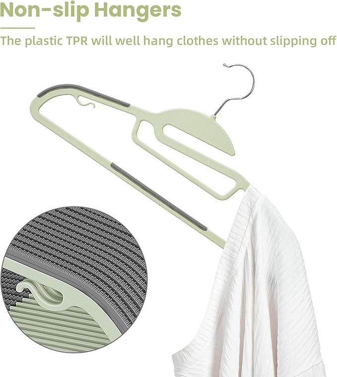 BAGAIL Plastic Hangers 50 Pack with Non-Slip Design,0.2 Inches Thick, 360°Swivel Hook Space Saving Organizer for Bedroom Closet,Shirts,Pants(Matcha Green- S Shaped)