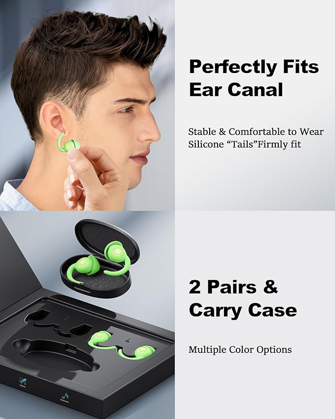 Ear Plugs for Sleeping - Noise Reduction Soft Silicone Earplugs, 2 Pairs Reusable Hearing Protection Earplugs for Noise Sensitivity, Sleep,Travel,Sound Reduction Noise Cancelling - Green
