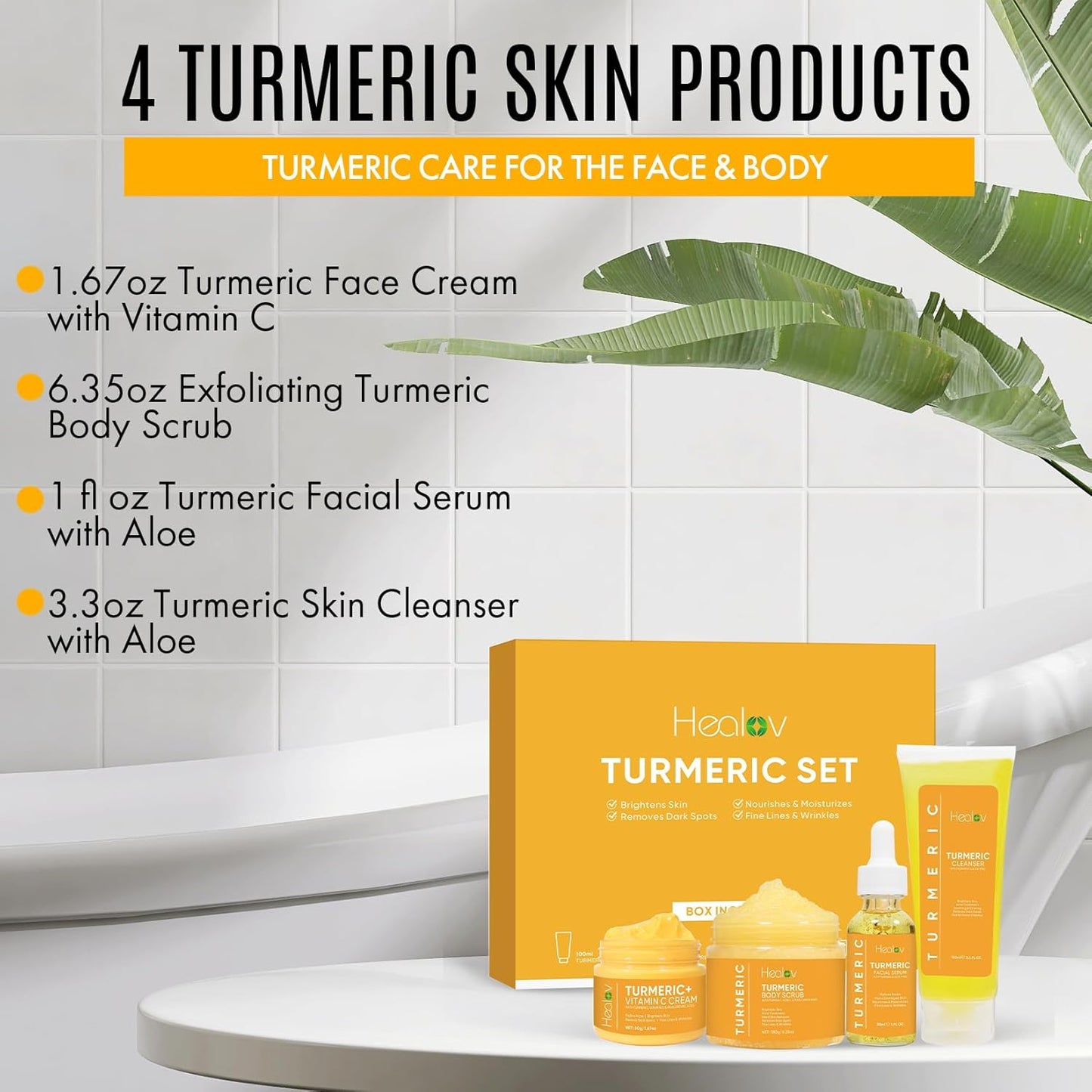Turmeric Skincare Set - Turmeric Skin Care Products Brightening & Acne - Turmeric Skin Care Kit, Turmeric Skin Care Set - Turmeric Cleanser, Body Scrub, Face Cream & Facial Serum