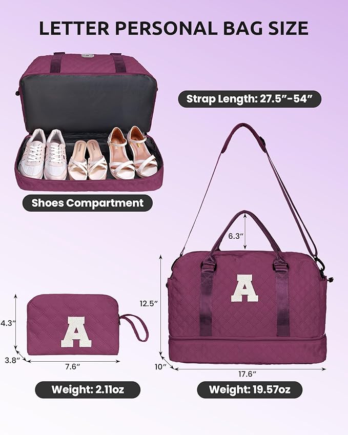 Granddaughter Gift from Grandmom, Teen Birthday Gift-Initial Travel Bag with Shoe Compartment, Weekender Bag, Monogram Overnight Bag for Women, Letter Travel Bag with Makeup Bag (Letter Q)