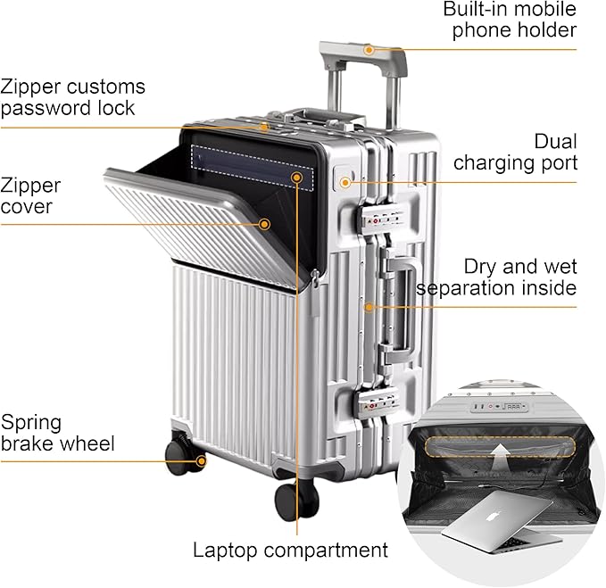 Hard Shell Luggage 20 Inch Travel Suitcase, 22x14x9 Airline Approved with TSA Lock, ABS Aluminum Frame, Lightweight Travel Luggage 20'' 24'' 26'' Carry-on Luggage (Upgraded Silver, 20 Inch)