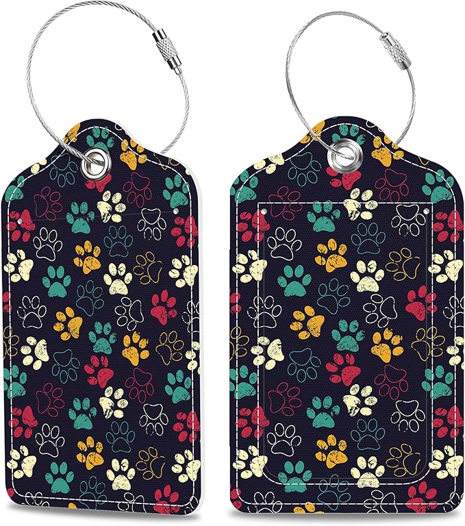 Luggage Tags for Suitcase Cute Cat Dog Paws 2 PCS Leather Travel Cruise Luggage Tag with Stainless Steel Loop Name ID Label Privacy Cover for Women Men Travel Bag Labels Set