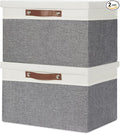 Temary Collapsible Storage Bins Storage Boxes with lid, 2 Pack Storage Baskets with Lid Organizing Clothes, Decorative Organizer Bins with Handles (White&Gray, 15x11x9.5inch)