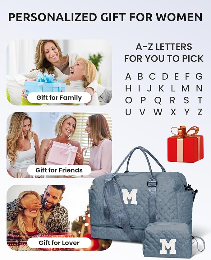 Duffle Overnight Bag for Women, Personalized Weekender with Detachable Shoulder Strap and Waterproof Monogram Pocket, Monograms Included, Perfect Travel/Letter Bag Gift for Friends and Family