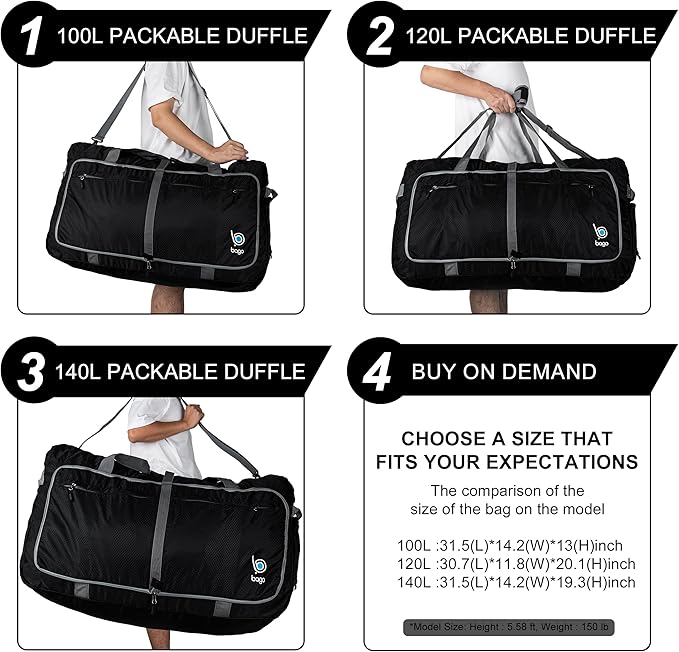 Bago Large Foldable Duffel Bags for Traveling Women & Men - 120L Packable Duffle Bag for Travel with Shoe Compartment - Water Repellant, Heavy Duty, Lightweight Folding & Collapsible (Red)