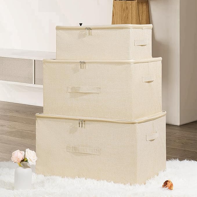 ANMINY 2PCS Storage Bins with Zipper Lids 36 Qt Lidded Fabric Storage Boxes Baskets Cubes with Handles Collapsible Washable Cotton Linen Closet Shelf Clothes Organizer Containers - Beige, Large