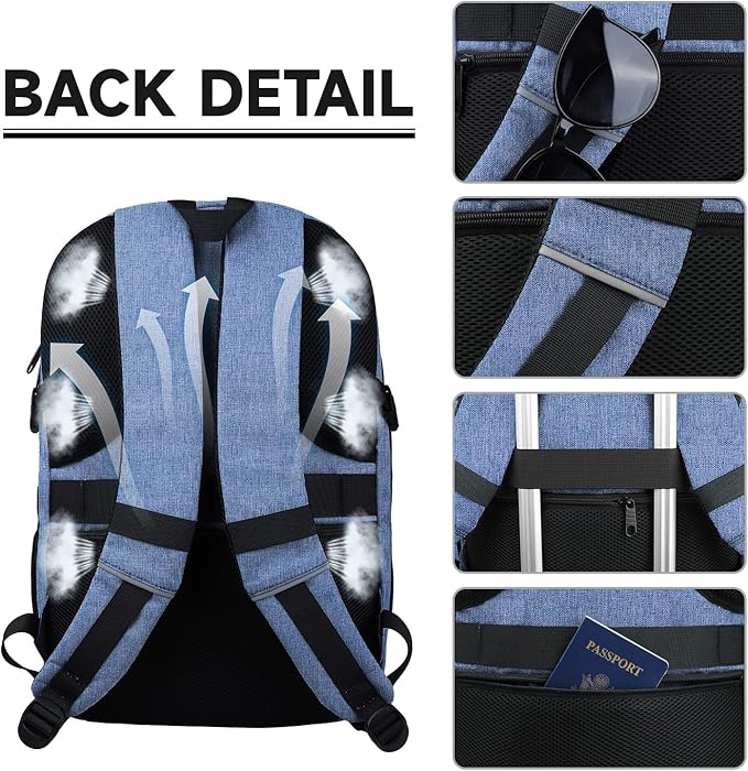 Lapsouno Extra Large Travel Backpack, TSA Laptop Backpack, 17 inch Bag with USB Port, 40L Carry on College School Computer Bag for Men Women, Blue