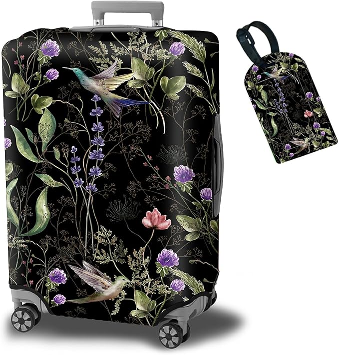 Luggage Cover Suitcase Protector + Luggage Tag, Wild Flowers Hummingbird Travel Suitcase Cover for 29-30 inch Luggage (XL) with Concealed Zipper Washable Elastic Cloth Dustproof Anti-Scratch