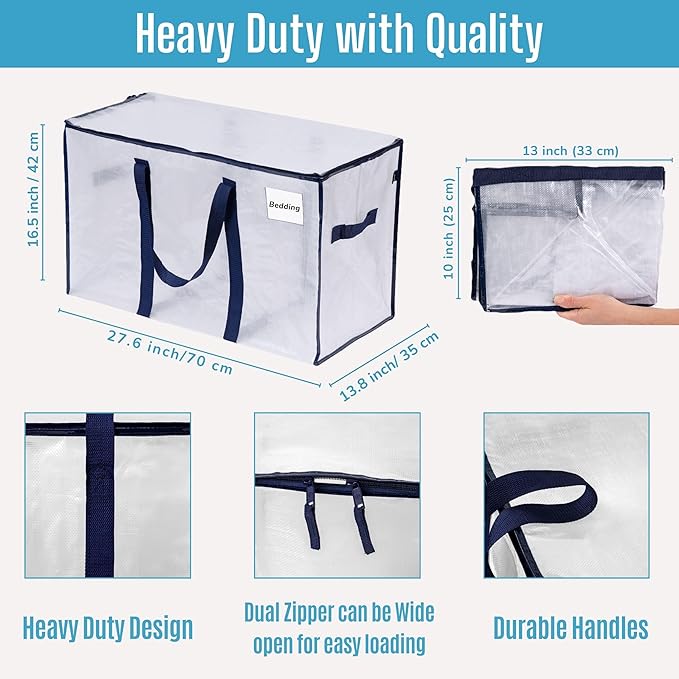 VENO 2 Pack Moving Bags, Heavy Duty, Moving Boxes Alternative, Packing Storage Supplies for Dorm Room Essentials with Zipper for Clothes, Extra Large Totes for Packaging (Clear, 2 Pack)