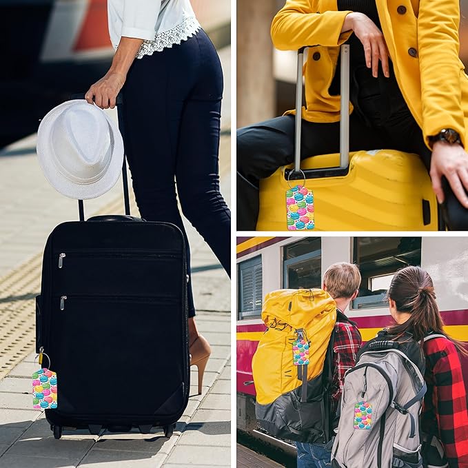2 Pack Luggage Tags for Suitcases,Colorful Sweet Macarons Luggage Tag,PU Leather Id Label Luggage Tags with Stainless Steel Loop and Privacy Cover for Women Men Teens Travel