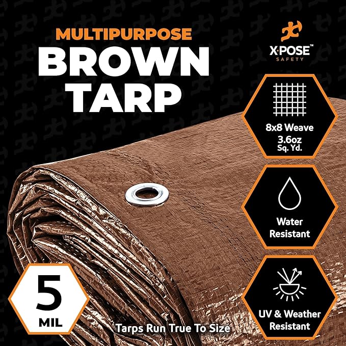 Multipurpose Protective Cover Brown Poly Tarp 8' x 15' (2-Pack) - Durable, Water Resistant, Weather Resistant - 5 Mil Thick Polyethylene - by Xpose Safety