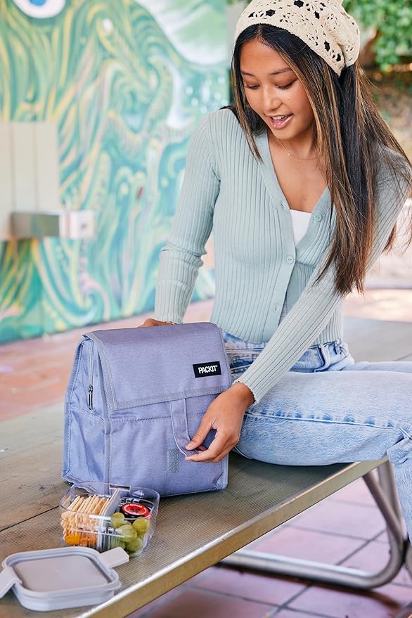 Packit® Freezable Lunch Bag, City Charcoal, Built with ECOFREEZE® Technology, Foldable, Reusable, Zip and Velcro Closure with Buckle Handle, Designed for Work Lunches and Fresh Lunch On the Go