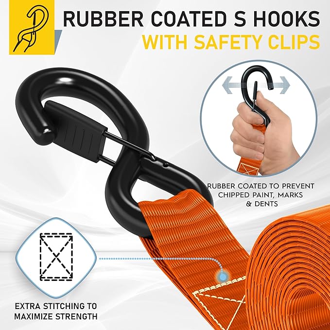 AUGO Heavy Duty Ratchet Straps & Soft Loops – Pack of 4 Extra Strong 1.5” by 10’ Ratchet Straps w/S-Hook Safety Latches & 4 Soft Loop Tie Downs – 4400Lb Break Strength for Motorcycles, ATVs, Etc.