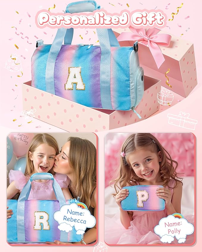 Easter Gifts for Teens Girls-Girl Gym Bag with Shoe Compartment, Kid Personalized Weekender Overnight Bags, Initial Travel Tote with Makeup Pouch, Gift for 3 4 5 6 7 Year Old Kids (Letter T)