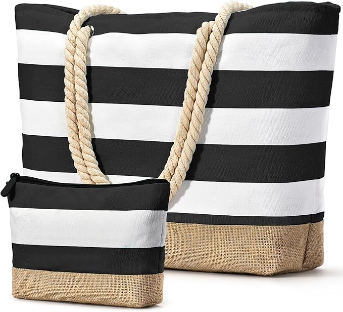 Becokan Beach Bag Initial Beach Tote with Makeup Bag for Travel Work Storage Personalized Birthday Gifts for Women Her