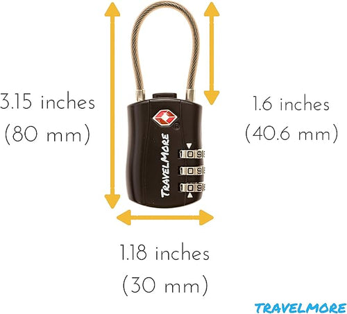6 Pack TSA Approved Travel Combination Cable Luggage Locks for Suitcases & Backpacks - Black