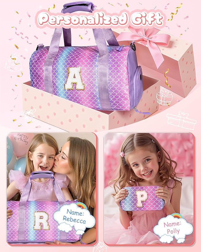 Birthday Gifts for 3 4 5 6 7 8 9 10 11 12 Year Old Girls-Girl Gym Bag with Shoe Compartment, Kid Personalized Weekender Overnight Bags, Initial Travel Tote with Makeup Pouch (Letter B)