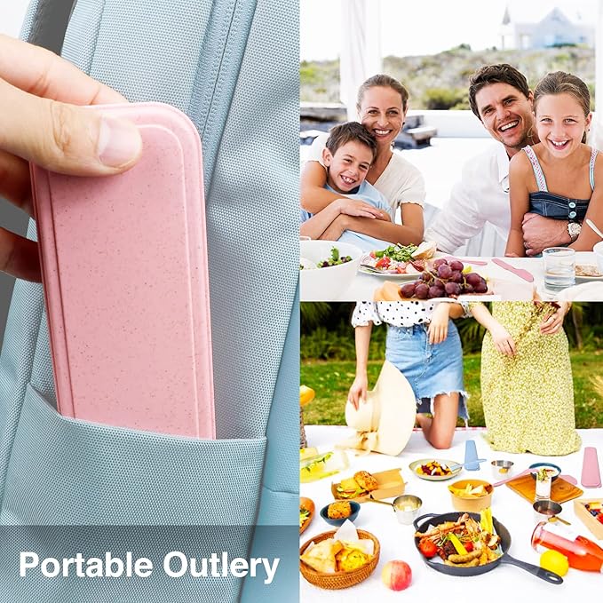 Reusable Travel Utensils Set with Case, Blue Wheat Straw Portable Knife Fork Spoons Tableware, Eco-Friendly BPA Free Cutlery for Kids and Adults as Travel Picnic Camping Utensils