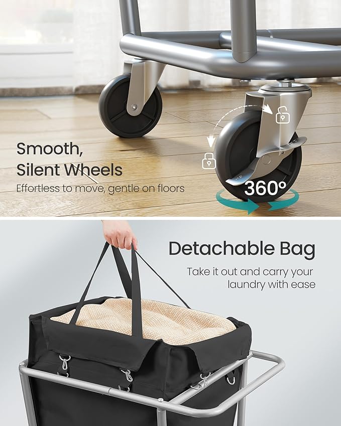 SONGMICS Laundry Basket with Wheels, 34.3 Gallons (130 L) Rolling Laundry Hamper with Removable Bag, Heavy-Duty Steel Frame, Ink Black URLS008B01