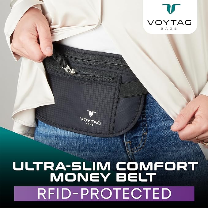 Travel Money Belt & Passport Holder - RFID Blocking Slim Travel Wallet & Fanny Pack for Men and Women - Essential Travel Pouch for Cash, Credit Cards, and Documents (Green Color)