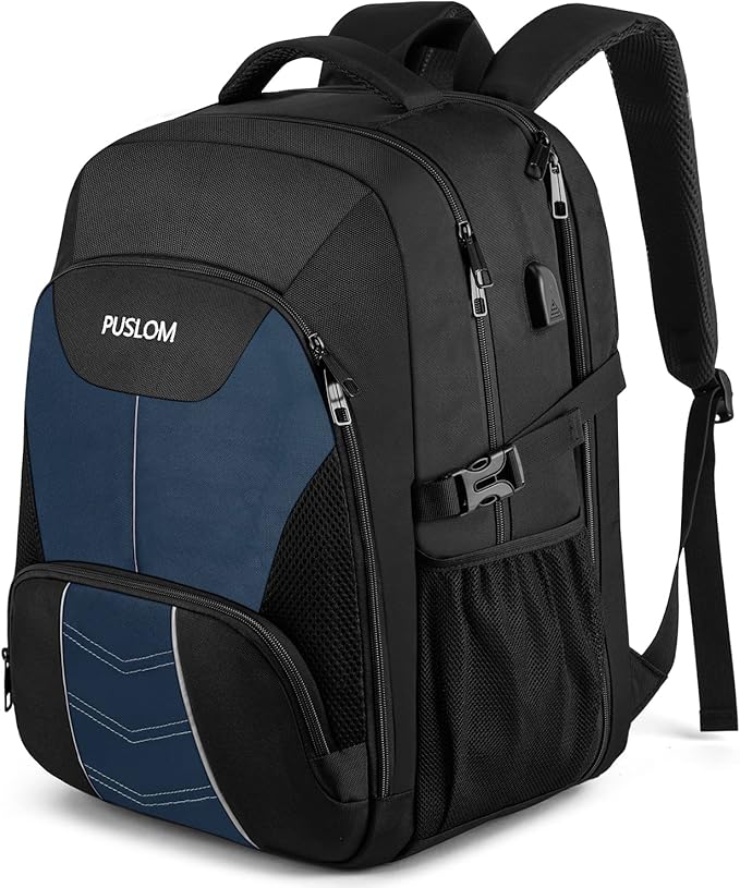 PUSLOM Extra Large Travel Laptop Backpack for Men 55L,Water Resistant 18.4 inch Big Business Laptop bags with USB Charging Port,TSA Friendly Anti Theft Computer Bag for Work College,Blue