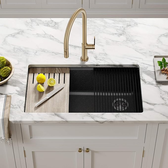 KRAUS Bellucci Workstation 32 in. Undermount Granite Composite Single Bowl Kitchen Sink in Metallic Black with Accessories with WasteGuard™ Continuous Feed Garbage Disposal, KGUW2-33MB-100-75MB