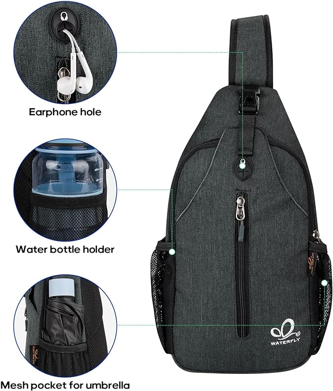 WATERFLY Crossbody Sling Backpack Sling Bag Travel Hiking Chest Bag Daypack