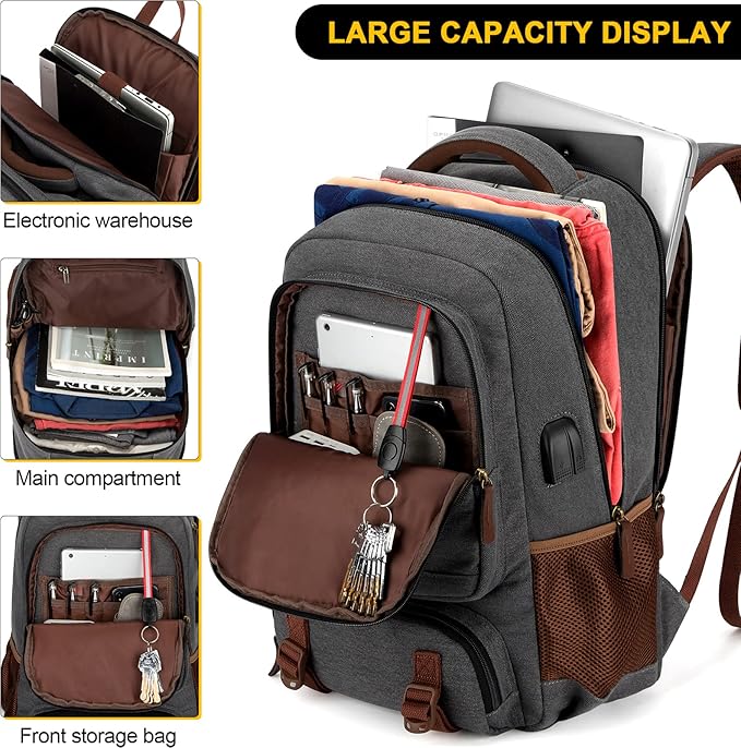 Tzowla Canvas Laptop Backpack, Bag for Men Women,Travel Work Rucksack Fits 15.6 Inch Laptop, Bookbag with USB Charging Port