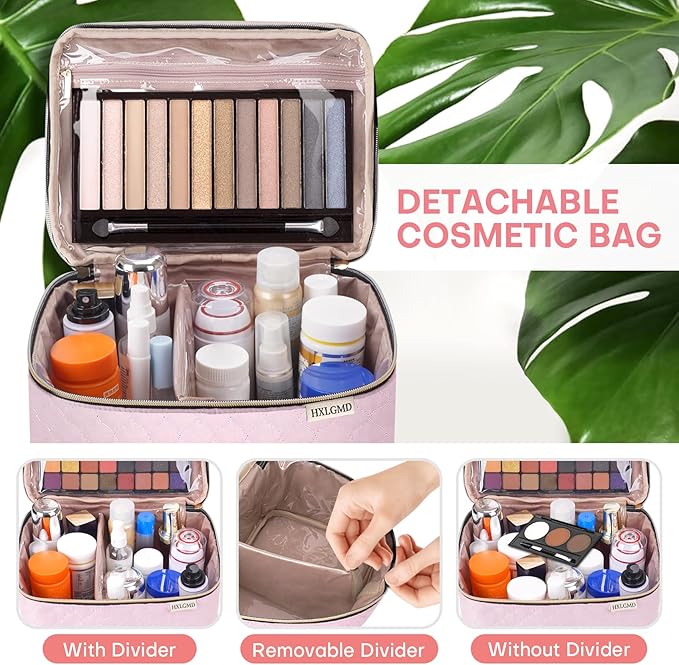 Double Layer Travel Makeup Bag Women, Cosmetic Organizer Case, Travel Essentials Accessories with Shoulder Strap for Bottles, Brushes, Conditioner, Skin Care Products, Pink