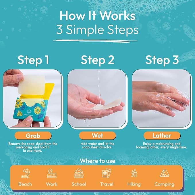 FOMIN - Antibacterial Paper Soap Sheets for Hand Washing - (200 Sheets) Lavender Portable Travel Soap Sheets, Dissolvable Camping Mini Soap, Portable Hand Soap sheet