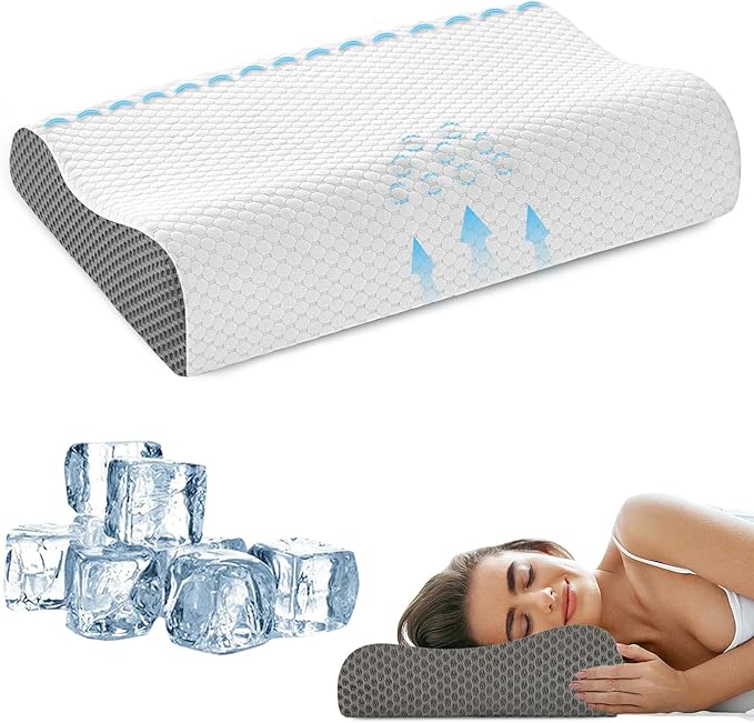 Memory Foam Cooling Bed Pillows for Sleeping, Ergonomic Cervical Pillow for Neck and Shoulder Pain Relief, Adjustable Cold Pillow,with Pillowcase（Grey）