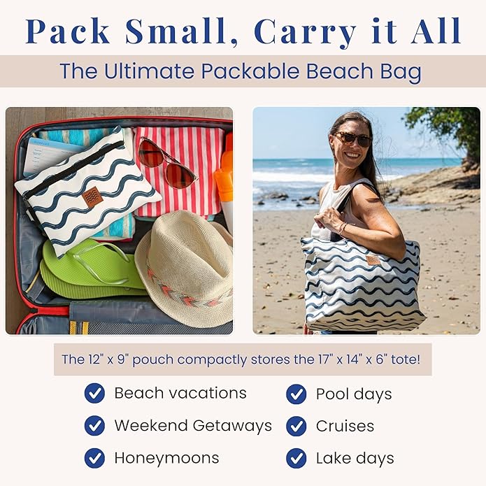 Large Beach Tote Bag for Women – Foldable & Packable Travel Bag with Zipper & Waterproof Pouch, Lightweight & Sandproof