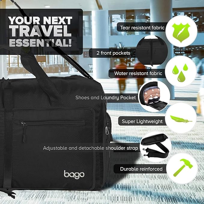 Bago Large Foldable Duffel Bags for Traveling Women & Men - 80L Packable Duffle Bag for Travel with Shoe Compartment - Water Repellant, Heavy Duty, Lightweight Folding & Collapsible (All Black)