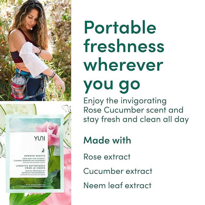 YUNI Beauty Large Body Wipes (Rose Cucumber, 12 Count) Soft Moist Showerless Wipe, Cleanse & Deodorize Waterless Travel Body Cleanser, Biodegradable Individually Wrapped Body Wipe for Camping or Gym
