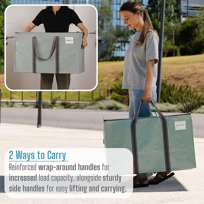 VENO 4 Pack Moving Bags, Heavy Duty, Moving Boxes Alternative, Packing Storage Supplies for Dorm Room Essentials with Zipper for Clothes, Extra Large Totes for Packaging (Shiny Light Green, 4 Pack)