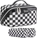 BOYATU Travel Makeup Bag Cosmetic Bags for Women: Large Make up Bags Set of 3 - Portable Makeup Organizer with Compartments&Handle&Divider - Waterproof PU Leather Toiletry Bag(Checkered Mix Black)