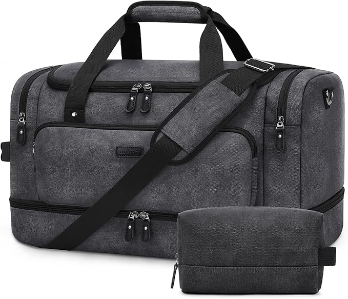 ZOMFELT Duffle Bag for travel, 40L Canvas Travel Duffel Bags for Men Women, Water Resistant Overnight Weekender Bag with Toiletry Bag & Shoe Compartment, Carry on Luggage Bag for Travel, Gym, Black