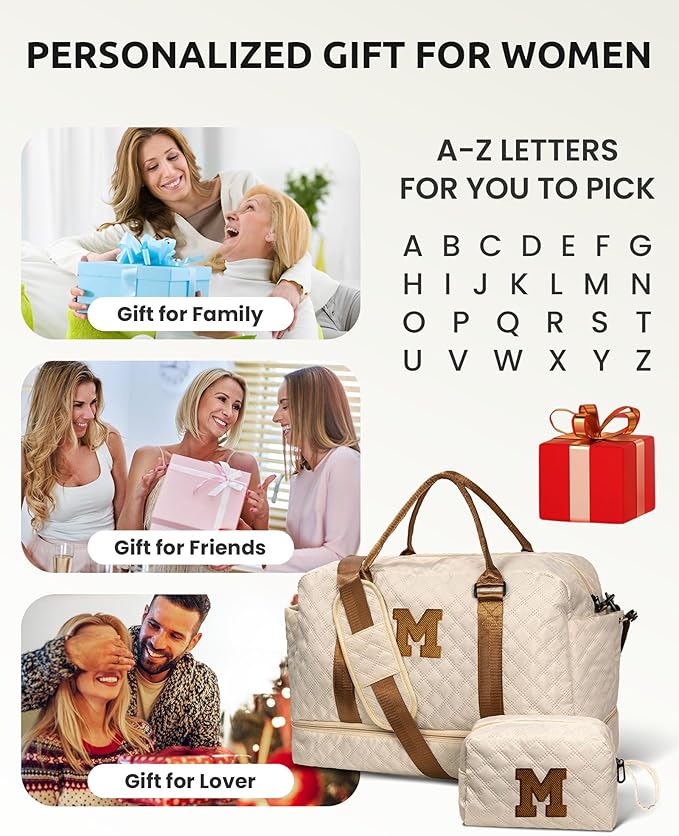 Gifts for Teen-Girls-Initial Duffle Bag with Shoe Compartment, Personalized Weekender Bag, Monogram Overnight Bag, Travel Bag with Makeup Bag，Birthday Gift Graduate Gifts for Her (Letter H)