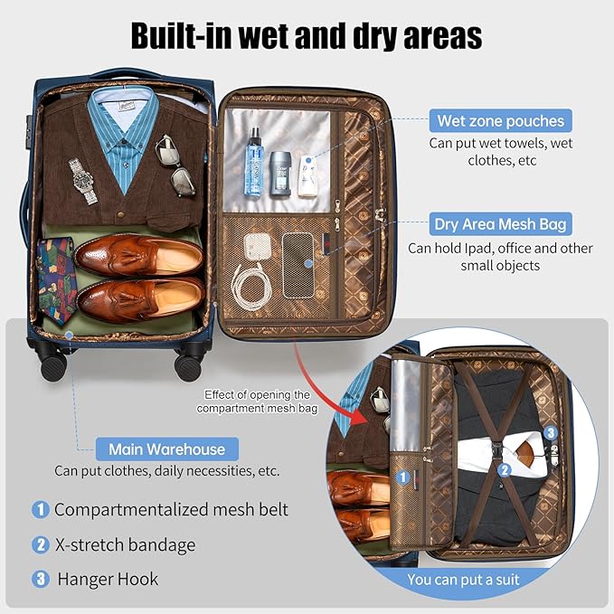 Softside Expandable Luggage with 4 Spinner Wheels, Durable Carry-On Luggage Suicase (Blue, 2-Piece Set 21/25)