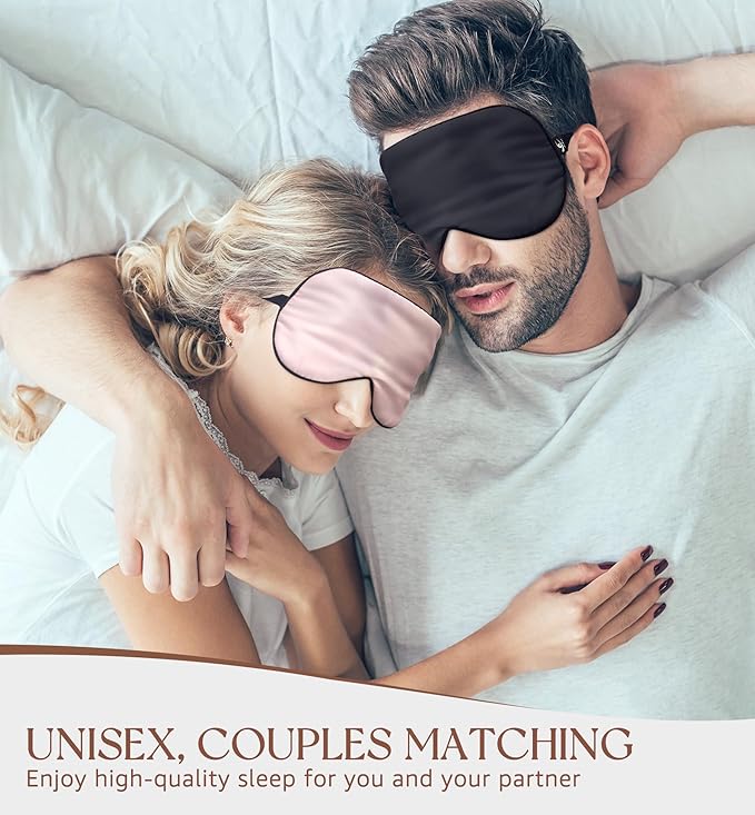 HiRui Silk Sleep Mask, 100% Natural Mulberry Silk of Double-Sided & Inner-Filling, Ultra-Smooth Soft, Adjustable Strap, Blocks Light for Night Sleeping, Travel, Office Naps (Champagne)