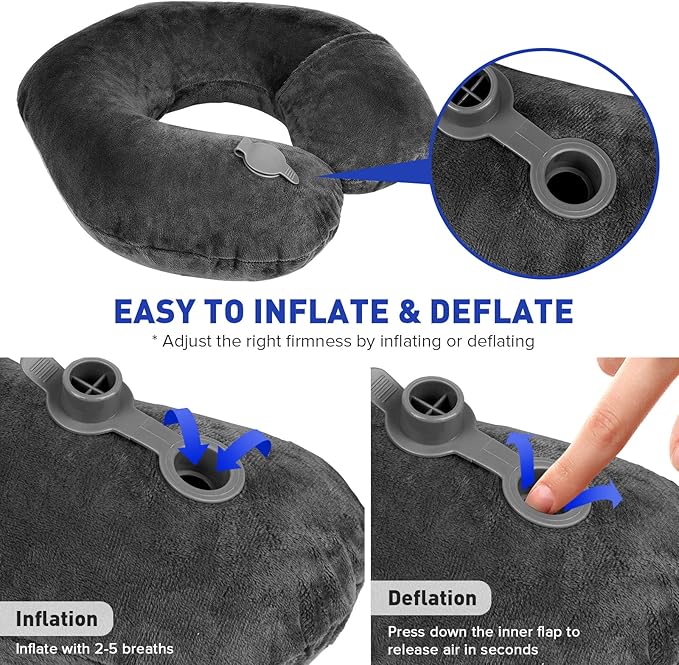 Rewondah Inflatable Travel Pillow, Inflatable Neck Pillow for Traveling Airplane, Travel Pillow with Soft Velour Washable Cover, U Shape Blow Up Neck Pillow for Airplanes Train Car Travel