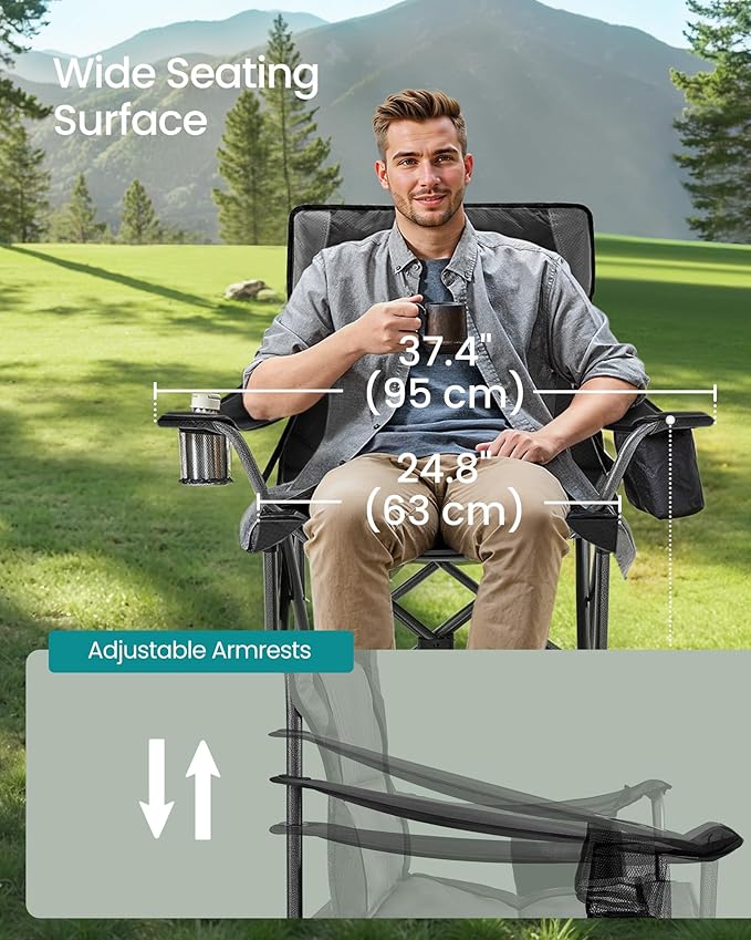 SONGMICS Oversized Lumbar Support Camping Chair, Heavy-Duty Outdoor Folding Chair Comfortable, Padded, Glamping, Cooler Bag, Weight Capacity 450 lb, Ink Black UGCB066B01