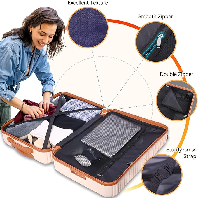 Hoteel 6 Piece Luggage Set (4-YEAR WARRANTY) with Spinner Wheels & TSA Lock, Carry on Luggage Hardshell ABS+PC, Travel Collection Suitcases Sets, Beige(13/20/24/28",Travel Bag,Cosmetic Bag)