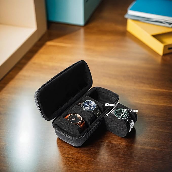 3 Slot Hard Watch Travel Case, Watch Roll Case Storage and Organizer for Men and Women, with anti-move watch pillow (Black fabric 3Slots)
